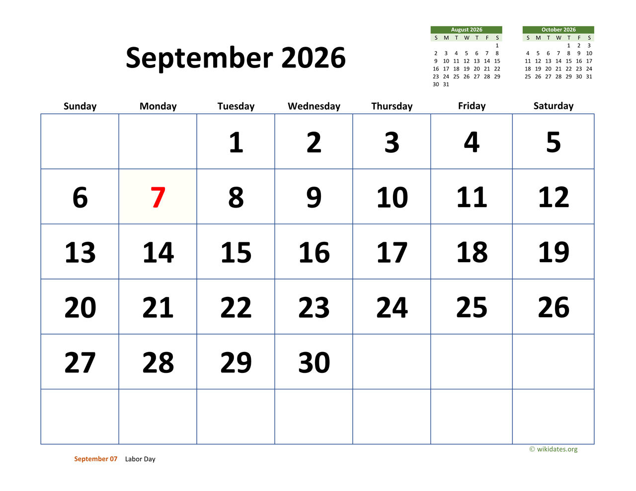 September Printable Calendar 2026
