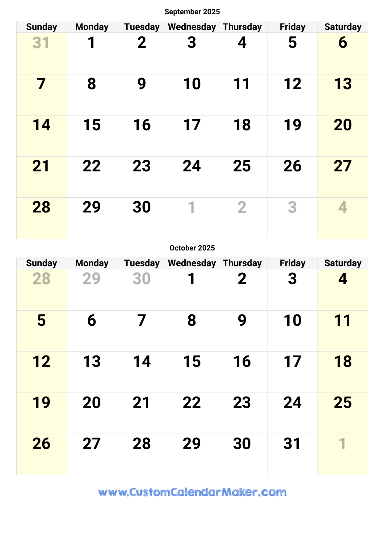 September And October 2025 Calendar Custom Calendar Maker