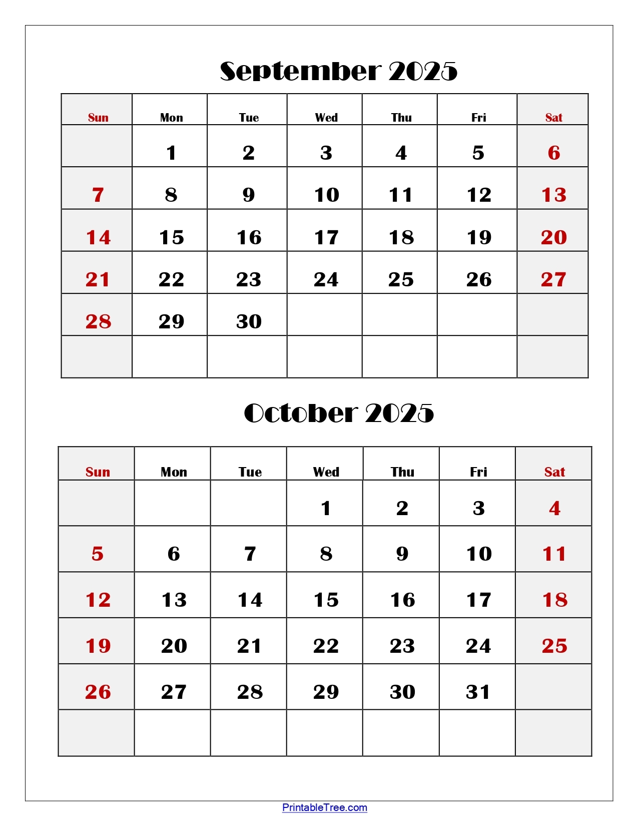 September And October 2025 Calendar Printable PDF Two Months Calendar