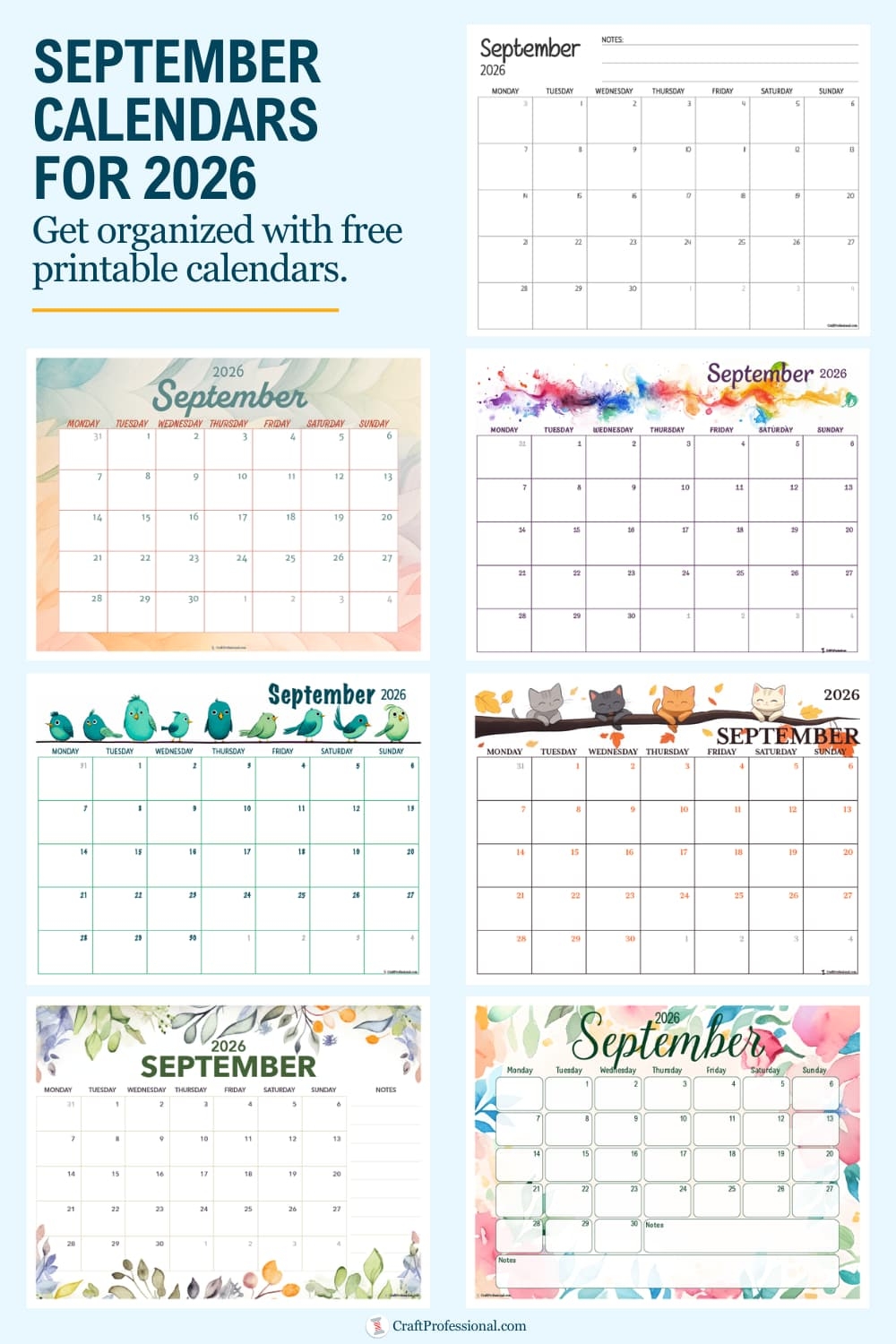 September Calendars For 2026 Free PDF Monthly Printables