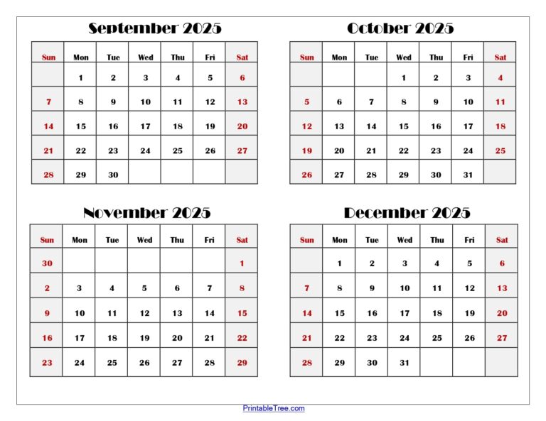 September To December 2025 Calendar Printable PDF Four Months Calendar