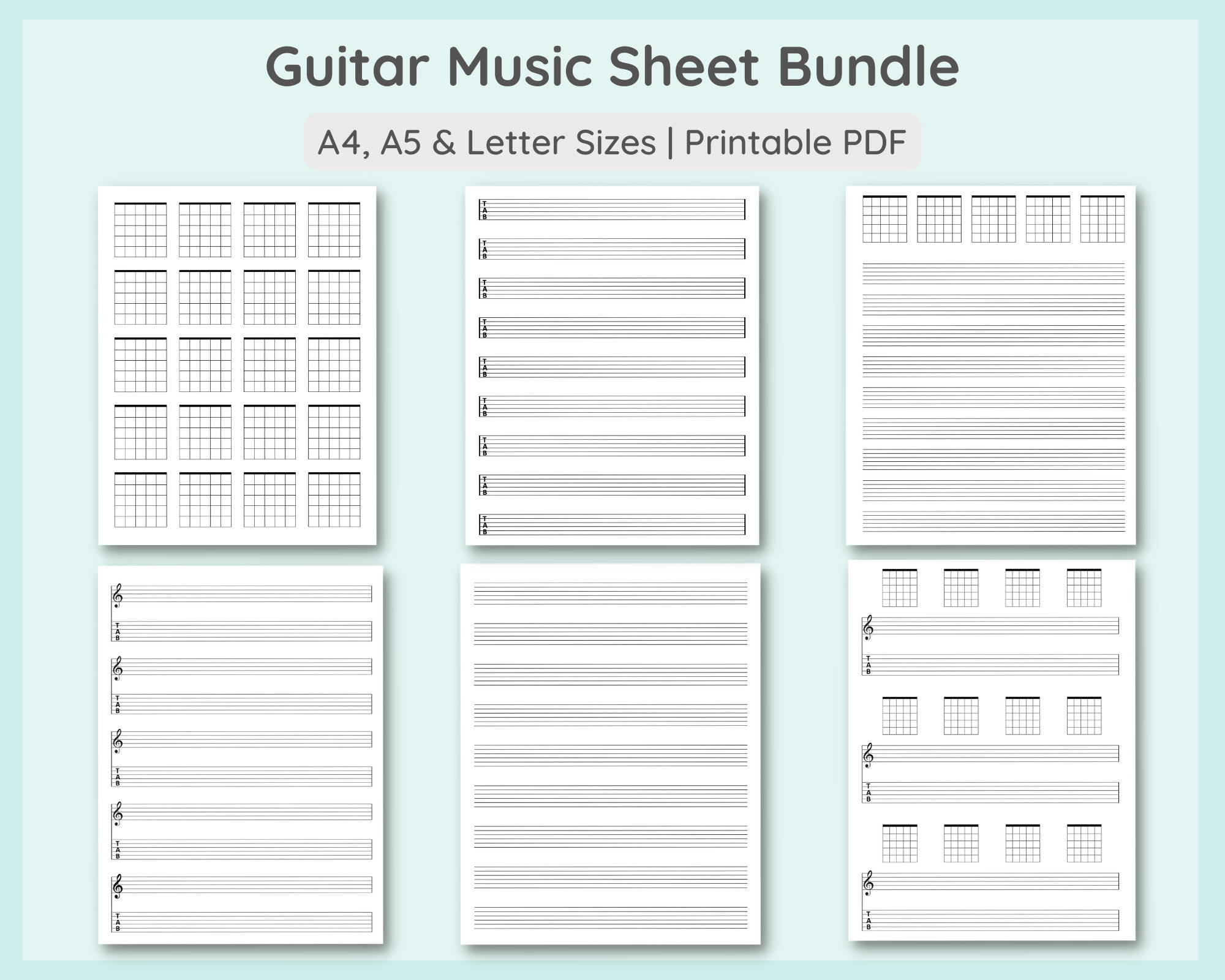 Set Of 6 Printable Guitar Music Sheet Bundle 18 Templates Guitar Chord Tab Music Paper Guitar Tablature A4 A5 Letter PDF Download Etsy