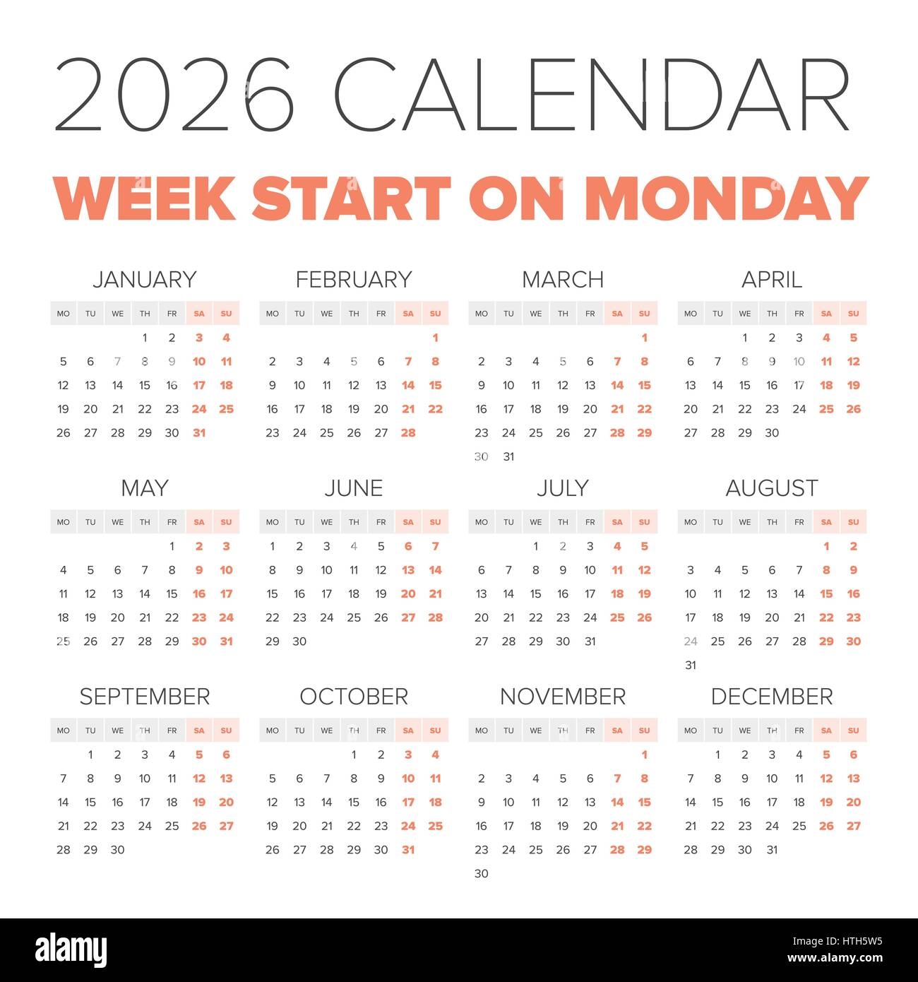 Simple 2026 Year Calendar Week Starts On Monday Stock Vector Image Art Alamy Simple 2026 Year Calendar Week Starts On Monday Stock Vector Image Art Alamy