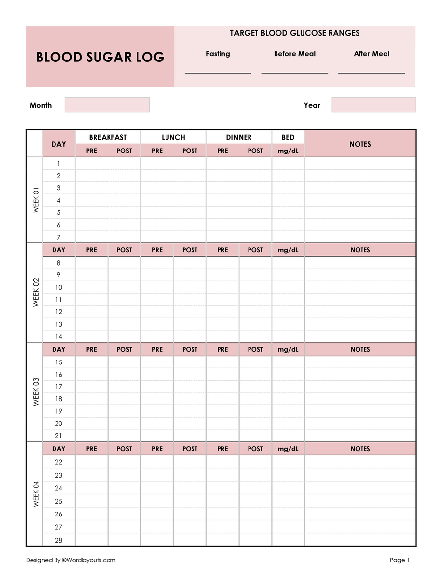 Simple Blood Sugar Log Sheets Edit U0026 Printable WordLayouts