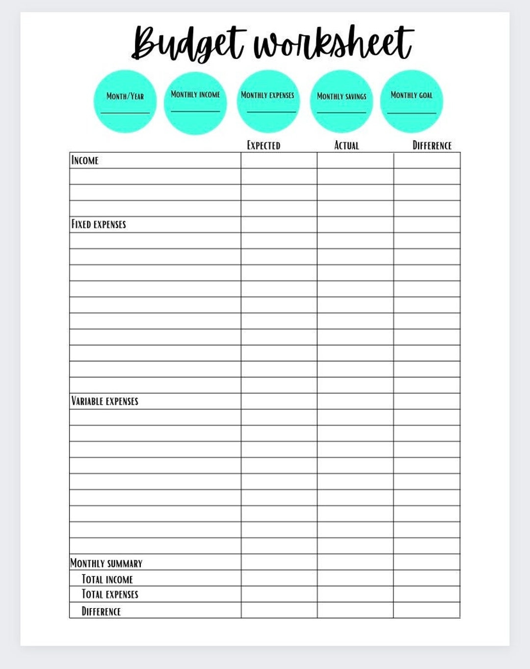 Simple Budget Worksheet Etsy Simple Budget Worksheet Etsy