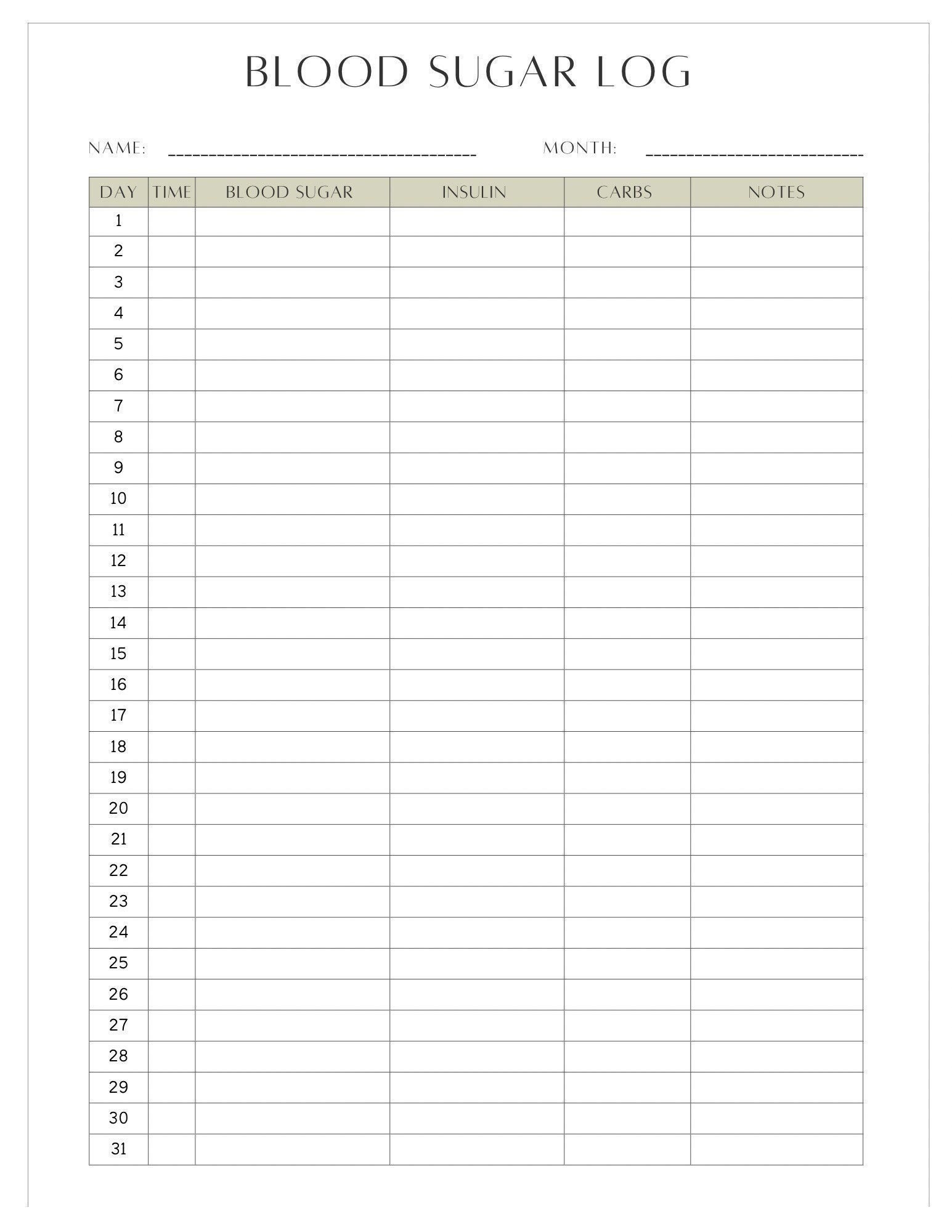 Simple Downloadable Blood Sugar Log Sheet Instant Download Etsy