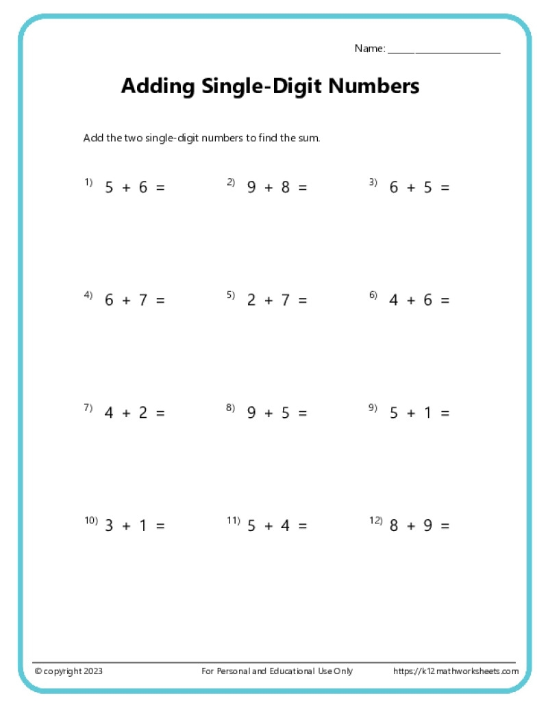 Single Digit Addition Worksheets Printable