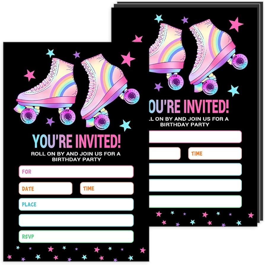 Skating Party Invitations With Envelopes Roller Skate Birthday Party Invites Cards For Celebration 20 Invitation Cards For Girls Kids Boys Party Supplies And Decoration Black Amazon au Toys U0026 Games
