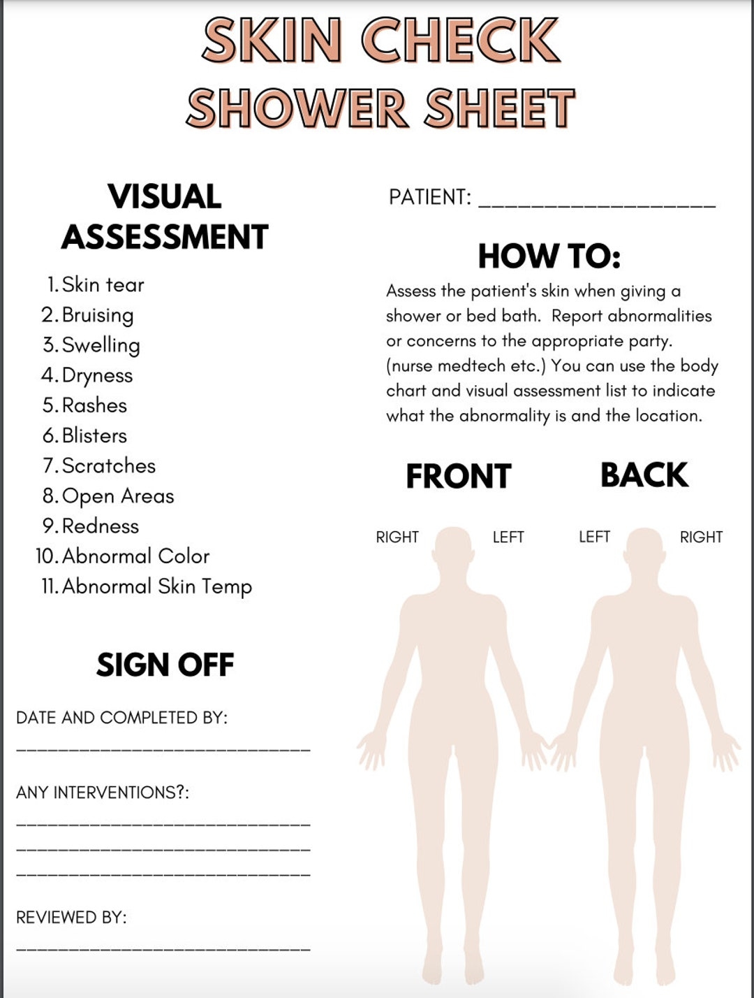 Skin And Shower Assessment Sheet Great For New Grads SNF AL And Follow Up Etsy