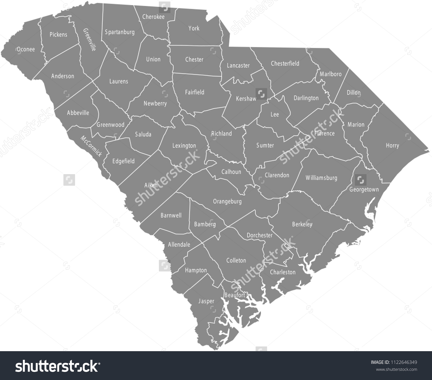 South Carolina County Map Vector Outline Stock Vector Royalty Free 1122646349 Shutterstock