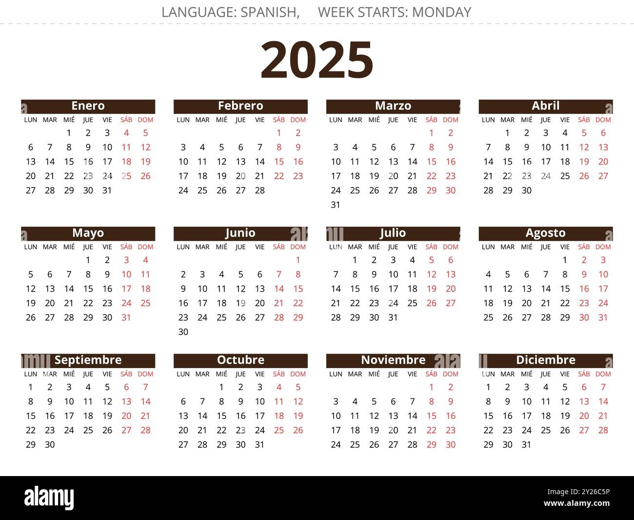Spanish 2025 Year Calendar Vector Illustration For Spain Stock Spanish 2025 Year Calendar Vector Illustration For Spain Stock