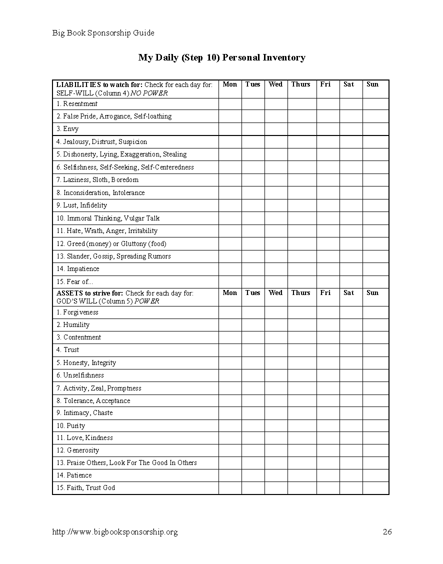Printable 10th Step Worksheet