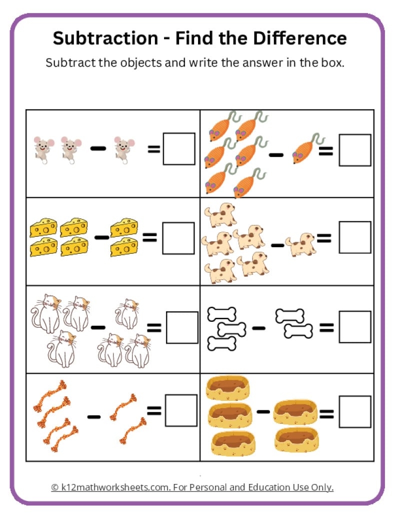 Printable Kindergarten Subtraction Worksheets