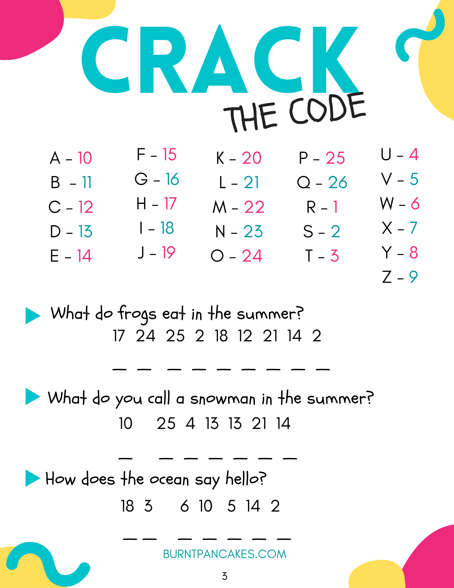 Summer Jokes Crack The Code Printable Burnt Pancakes