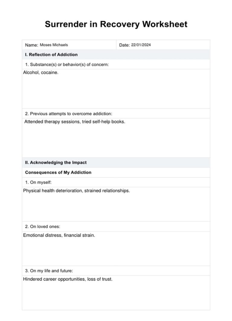 Surrender In Recovery Worksheet Example Free PDF Download