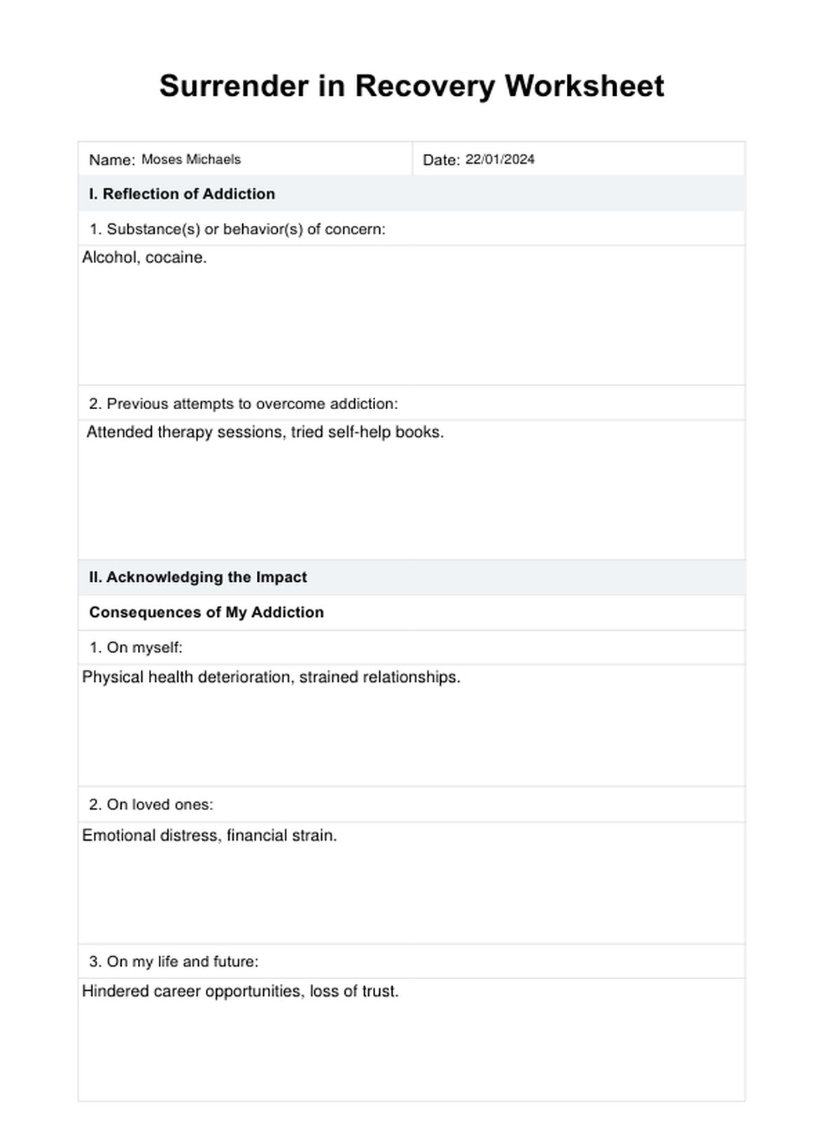 Surrender In Recovery Worksheet Example Free PDF Download