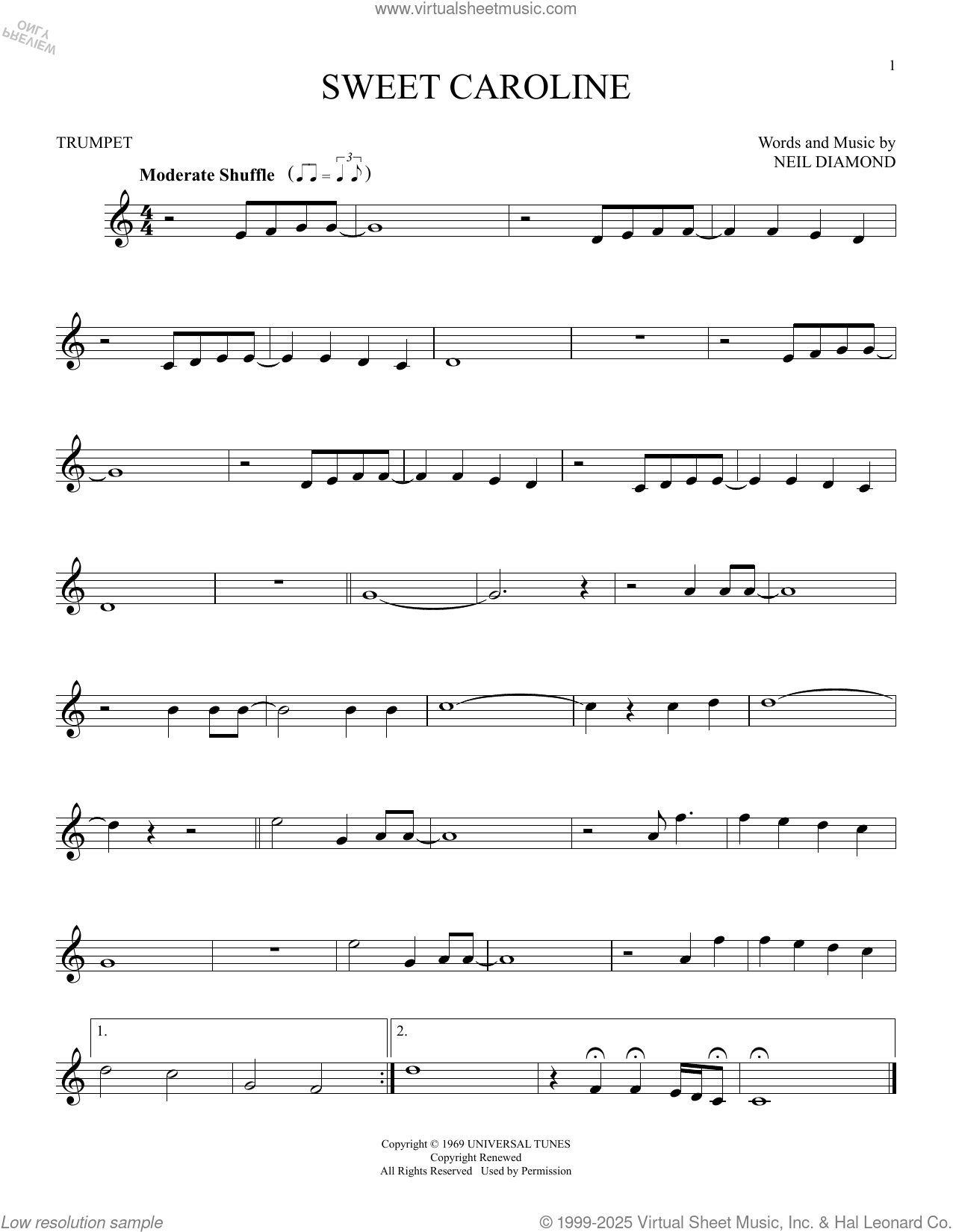 Sweet Caroline Sheet Music For Trumpet Solo PDF interactive 