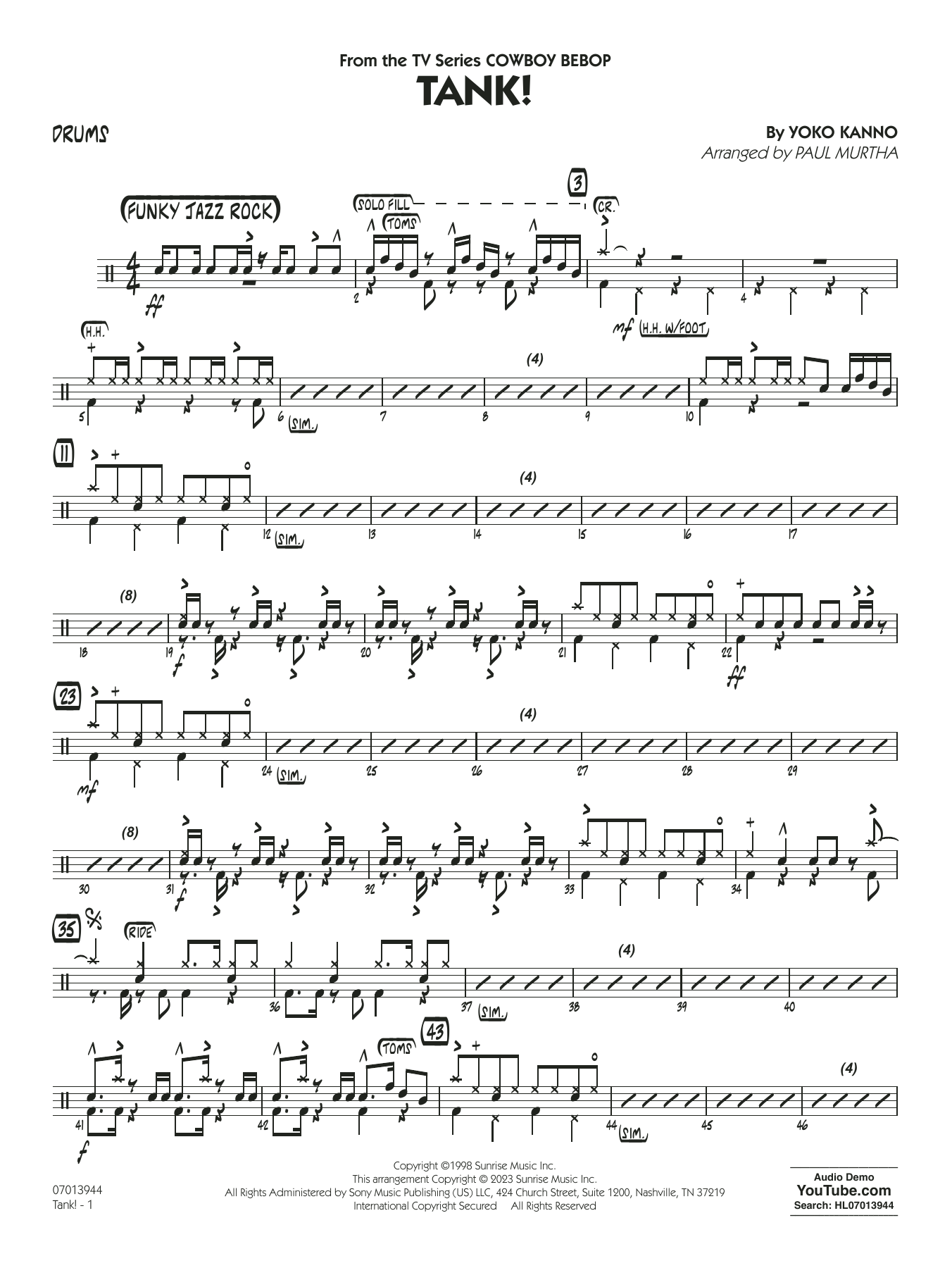 Tank from Cowboy Bebop arr Paul Murtha Drums By Yoko Kanno Sheet Music For Jazz Ensemble At Sheet Music Direct