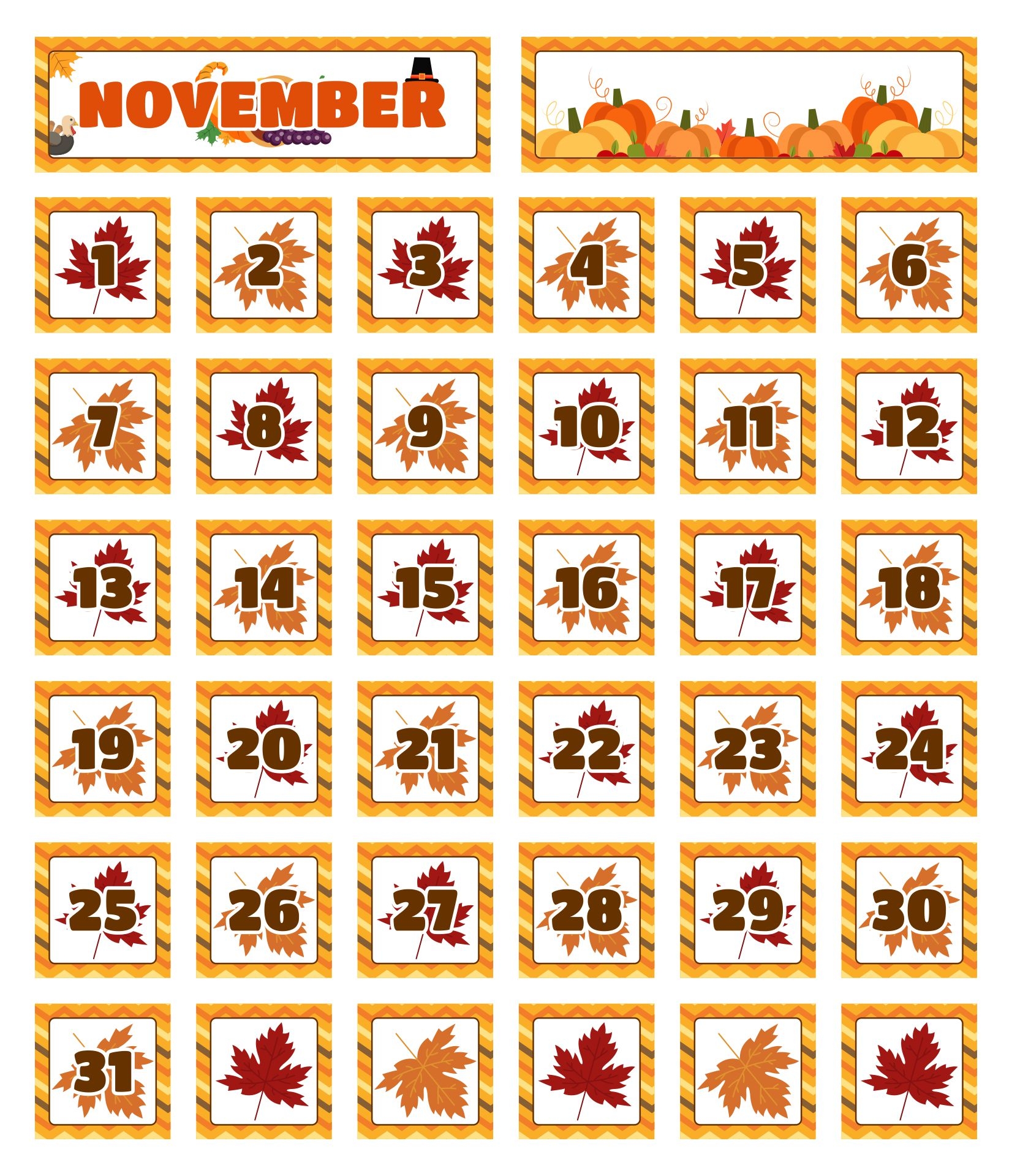Thanksgiving Calendar Pieces 6 Free PDF Printables Printablee