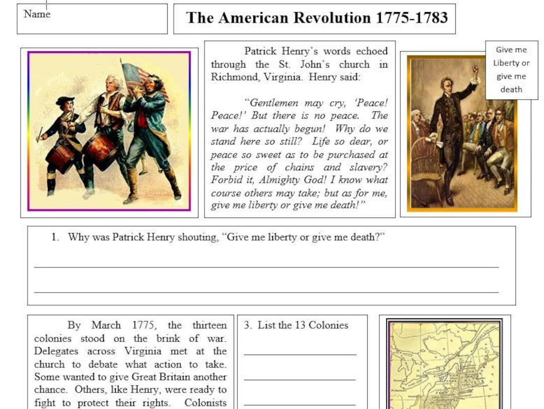 The American Revolution Reading Activity And Worksheets Etsy