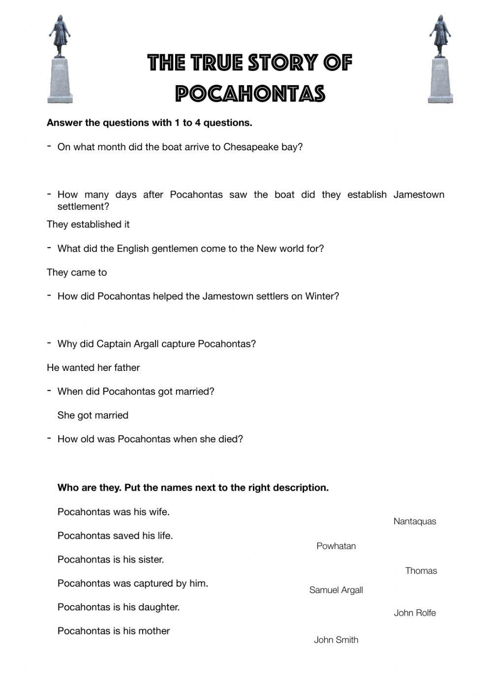 The True Story Of Pocahontas Worksheet Worksheets Library