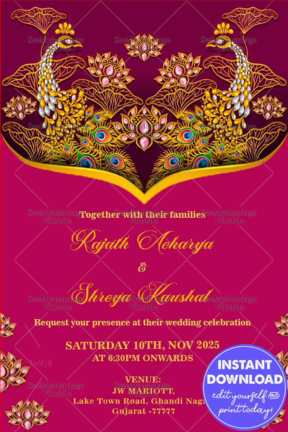 Traditional Peacock Pink Theme Gujarati Wedding Invitation Card SeeMyMarriage