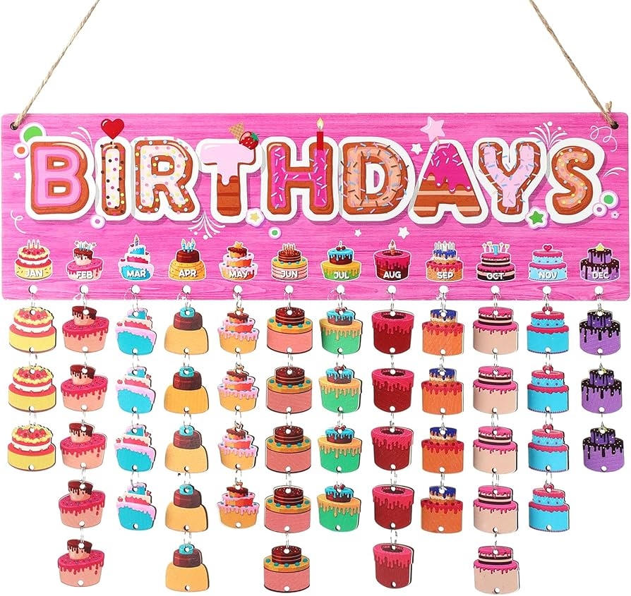 Treela Classroom Birthday Calendar Board Wooden DIY Cake Birthday Reminder Plaque Chart With 60 Tags For Preschool Primary School Family Classroom Bulletin Board Wall Hanging Sings Birthday Display Amazon de Stationery 