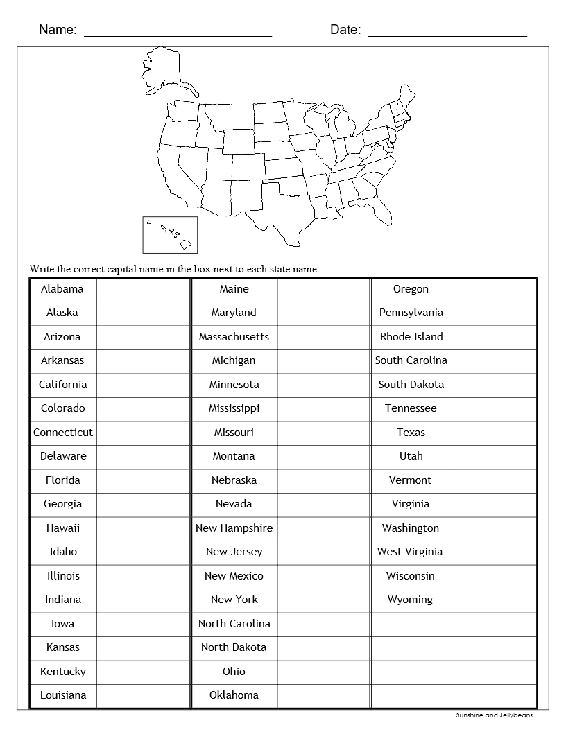Free Printable State Capital Worksheets