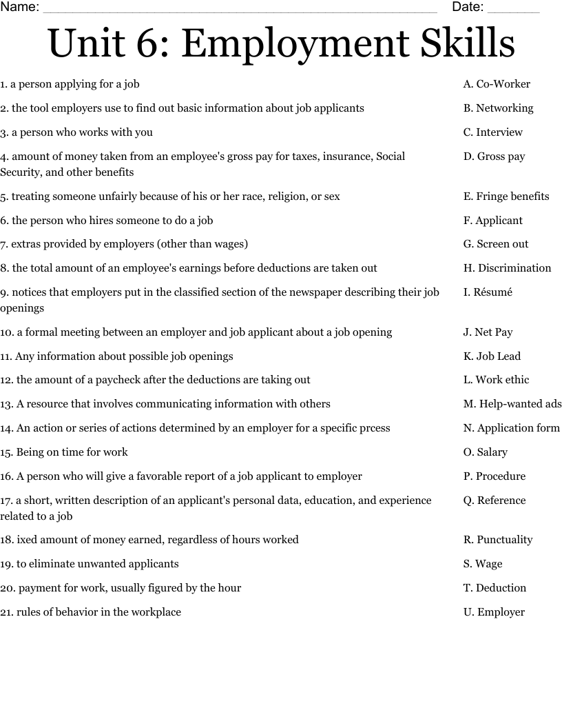 Unit 6 Employment Skills Worksheet WordMint