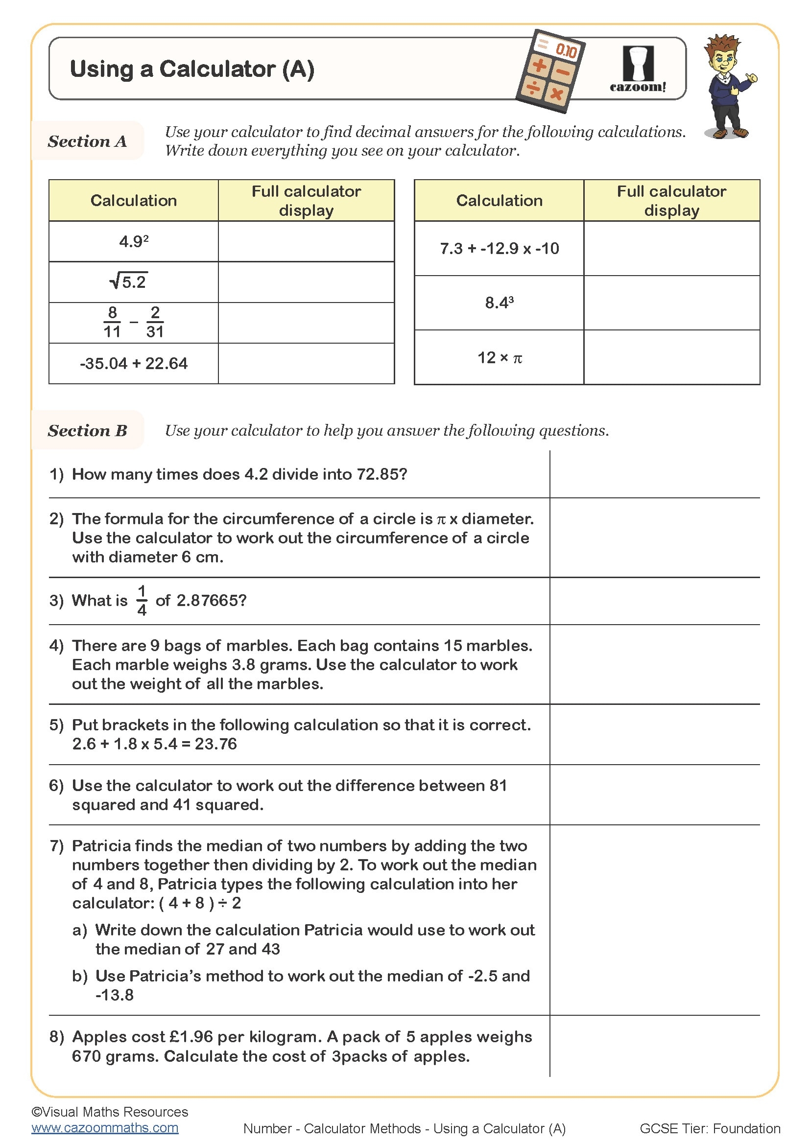Using A Calculator Worksheets Printable Calculator Skills Worksheets PDF And Free Samples Downloads Cazoom Maths