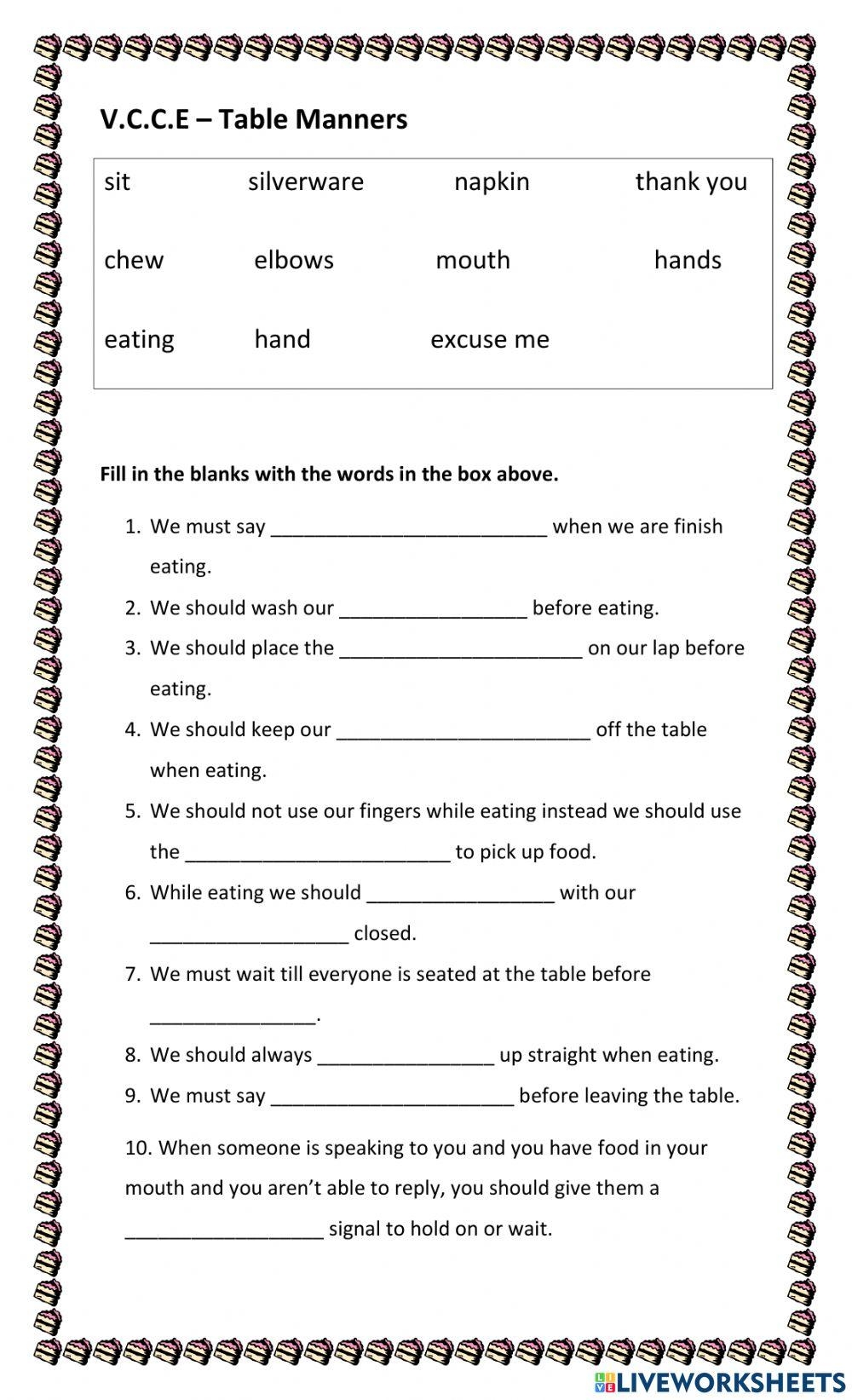 VCCE Table Manners Worksheet Worksheets Library