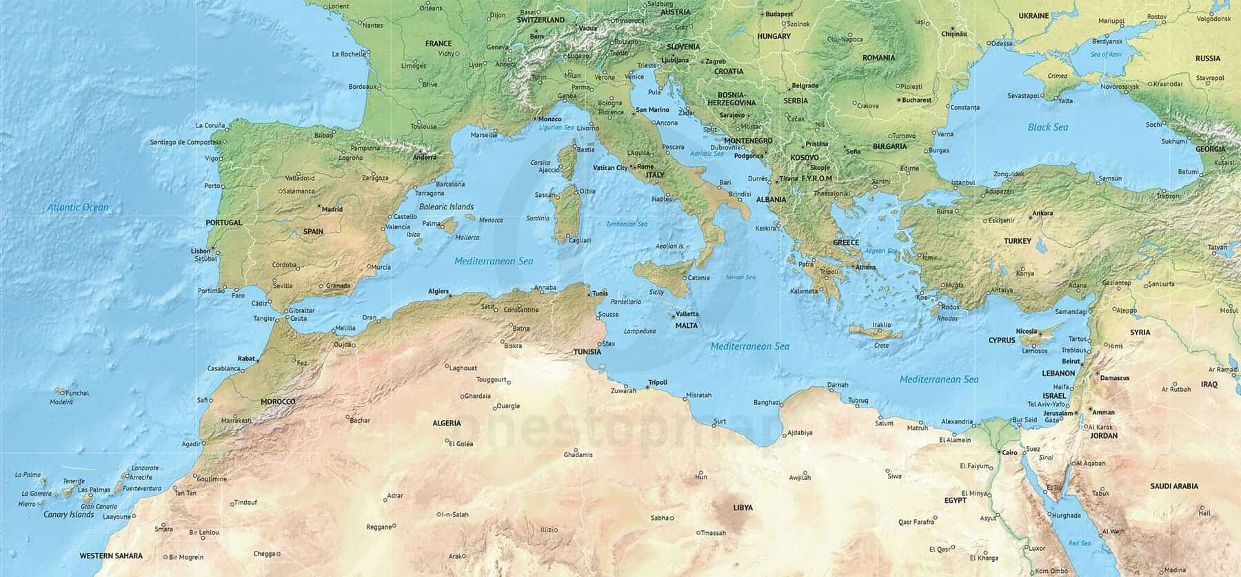 Vector Map Of The Mediterranean Political With Shaded Relief One Stop Map
