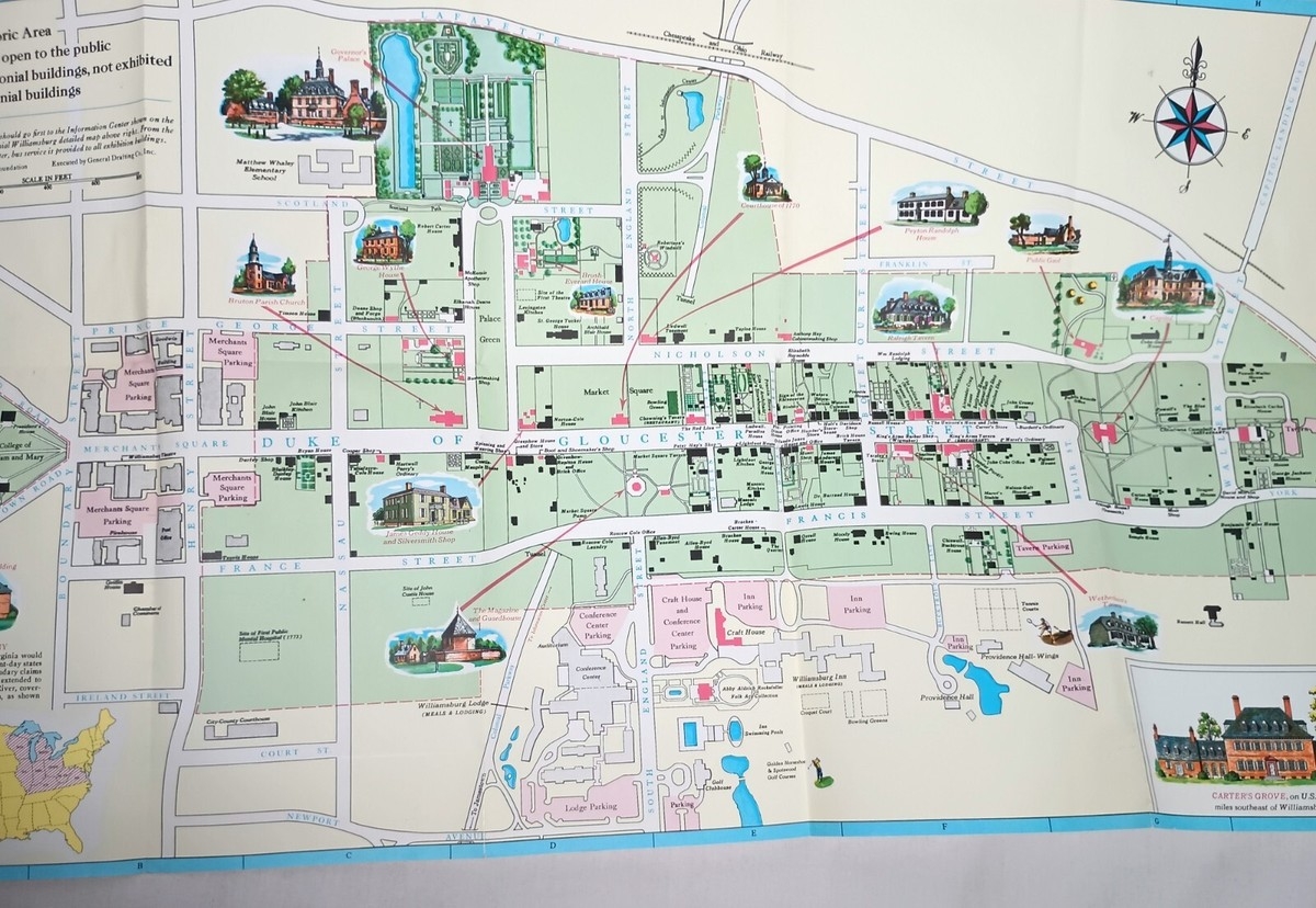 Vintage 1973 Map Of Colonial Williamsburg Virginia Landmarks Buildings Sites EBay
