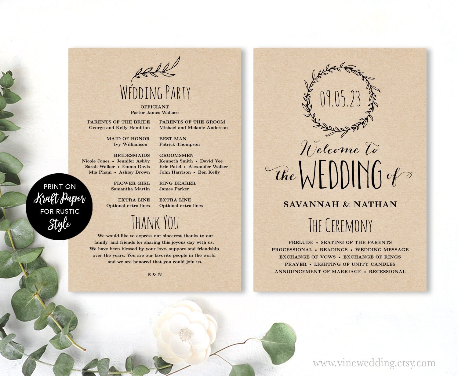 Wedding Program Template Printable Wedding Programs Editablble Wedding Program Rustic Kraft Classic Wreath VW06 Etsy