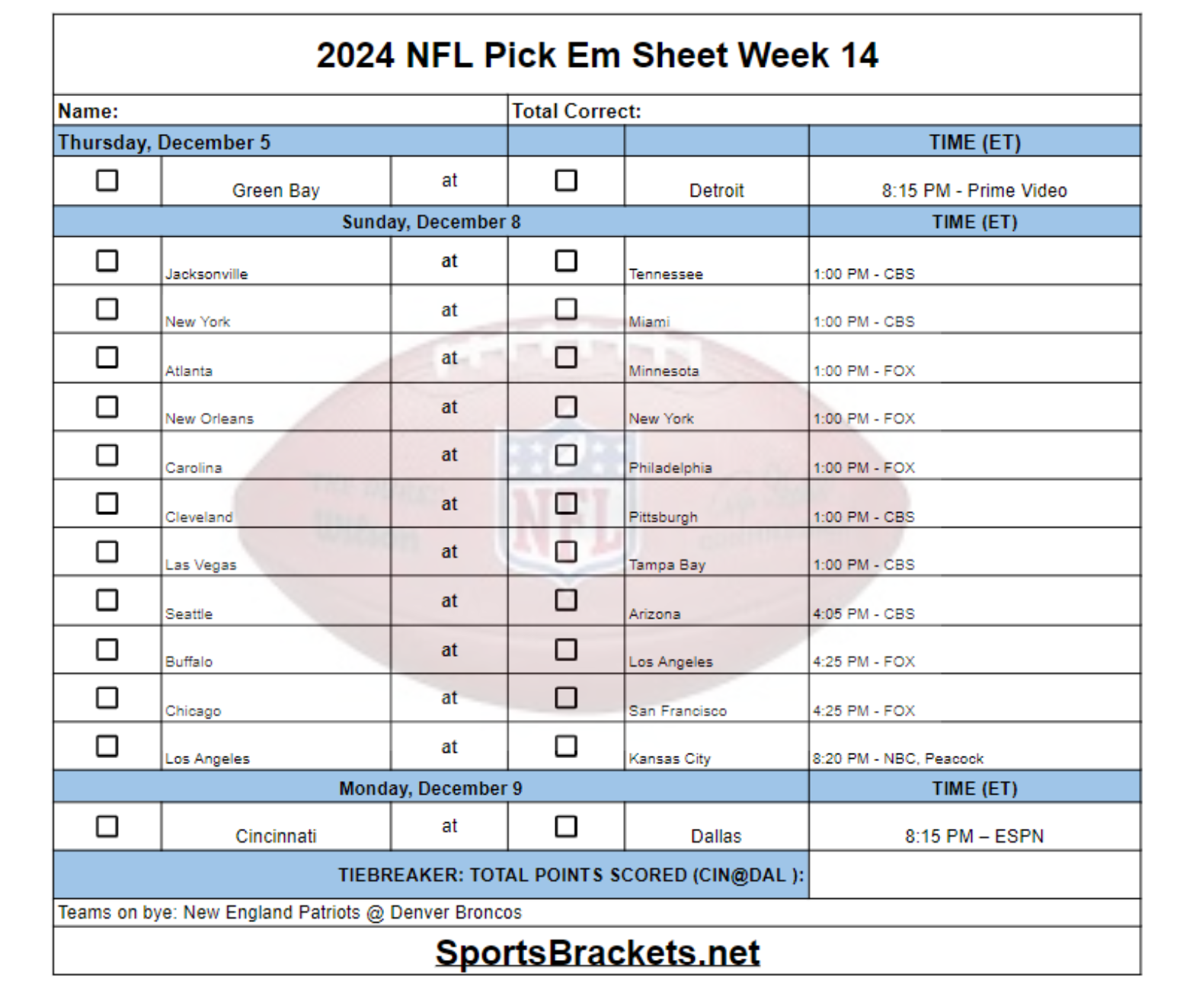 Week 14 Nfl Pick Sheets Printable