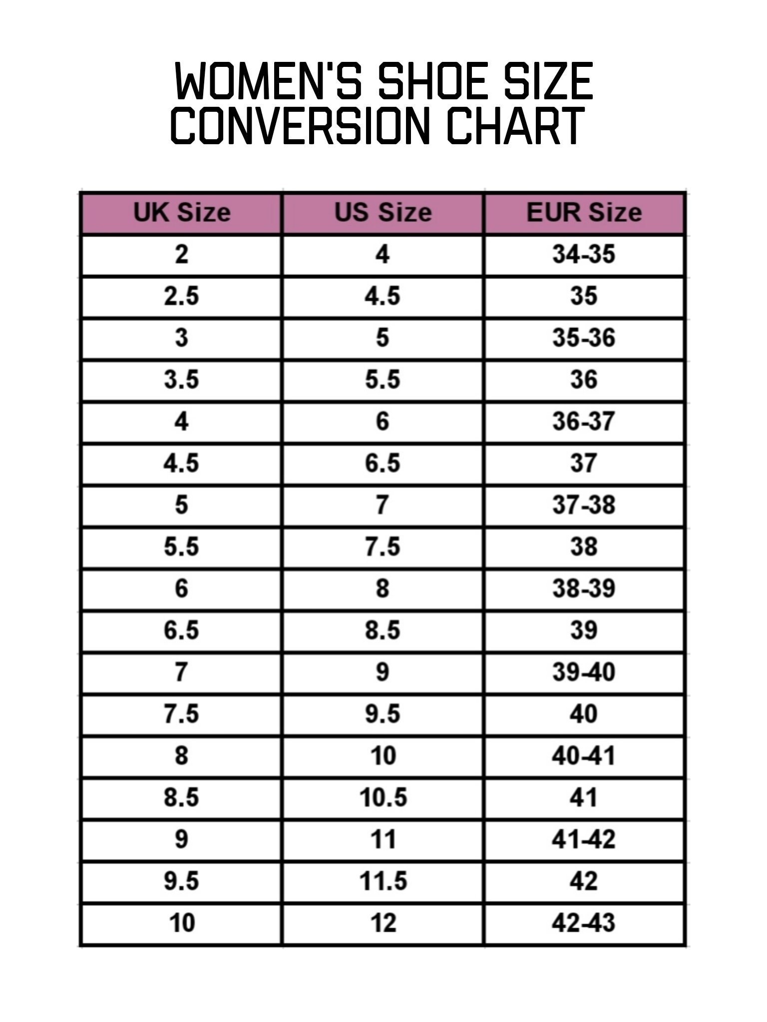 Women s Shoe Size Conversion Chart Shoe Guide Size Guide Instant Printable Digital Download Etsy