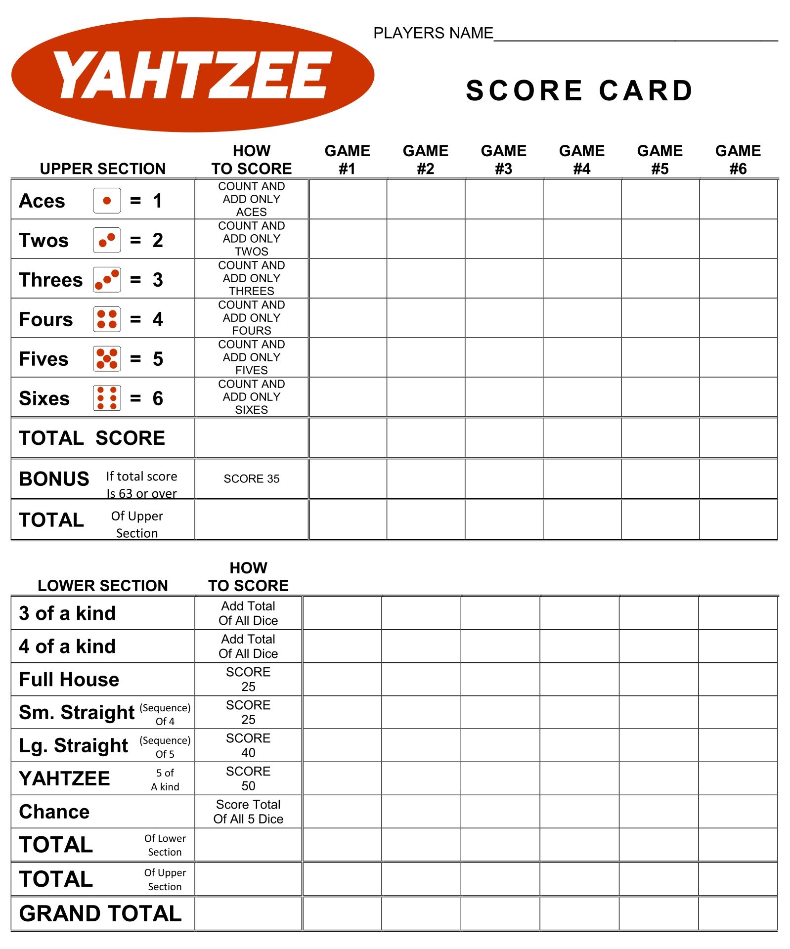 Yahtzee Score Card Download And Print Free Yahtzee Score Sheets 