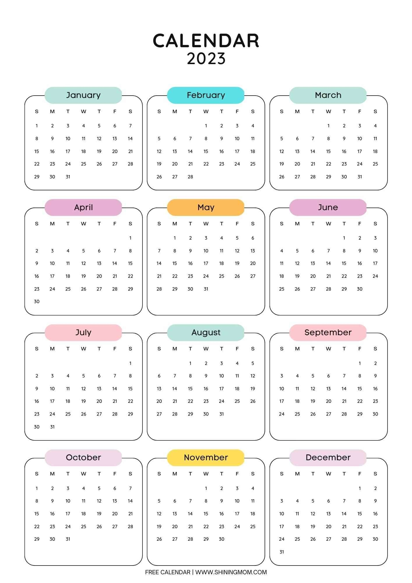 Year 2023 Calendar Free One Page Calendar Templates