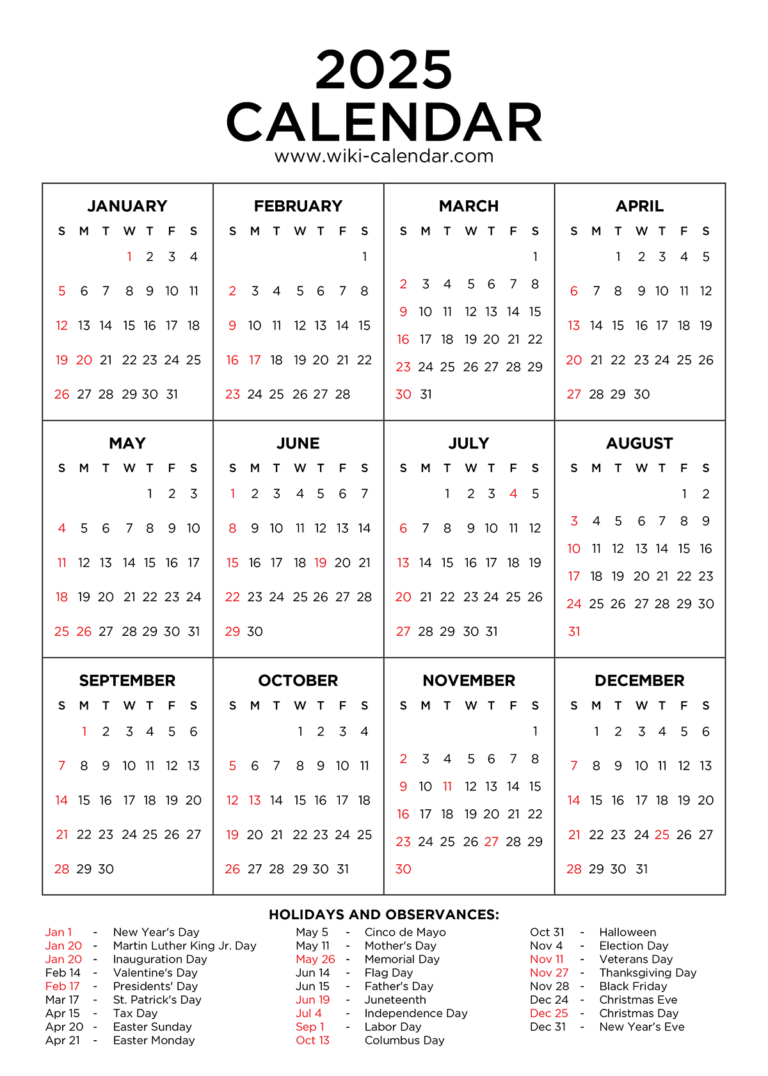 Year 2025 Calendar Printable With Holidays Wiki Calendar