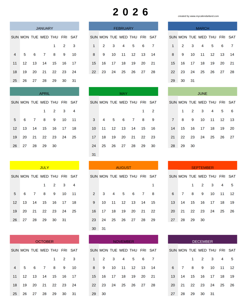 2026 Year Calendar Printable With Holidays