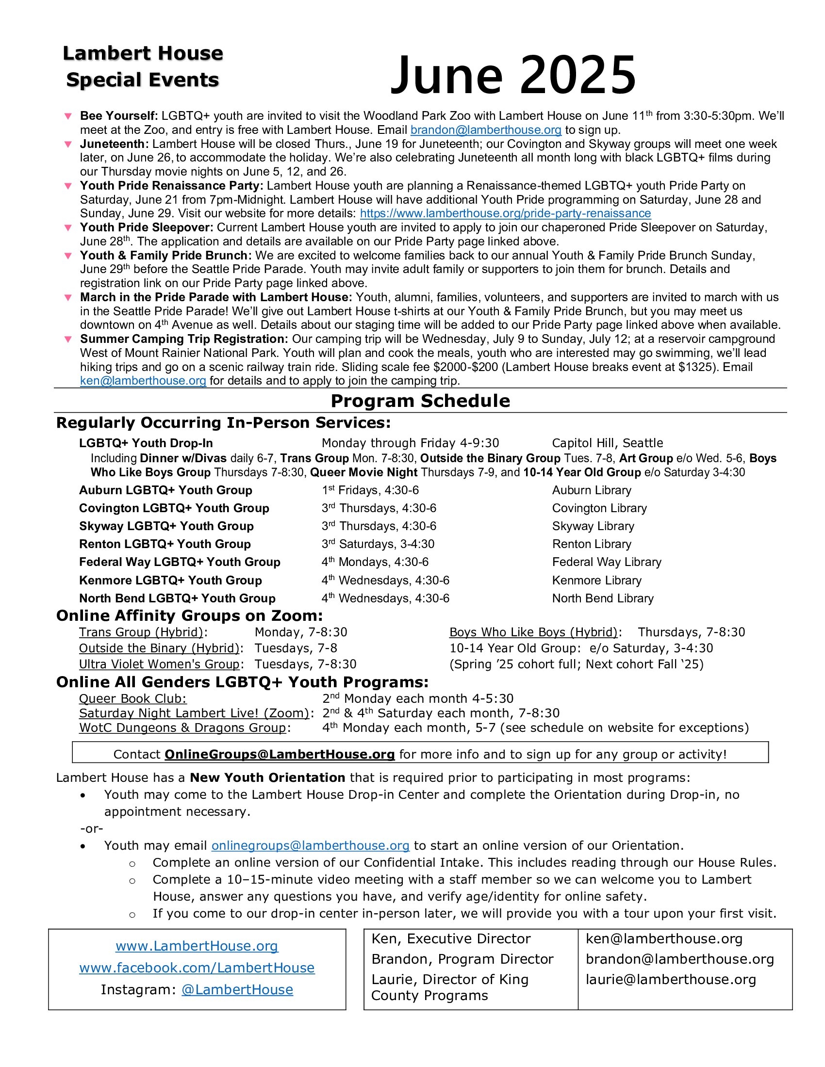 Youth Events Calendar Lambert House