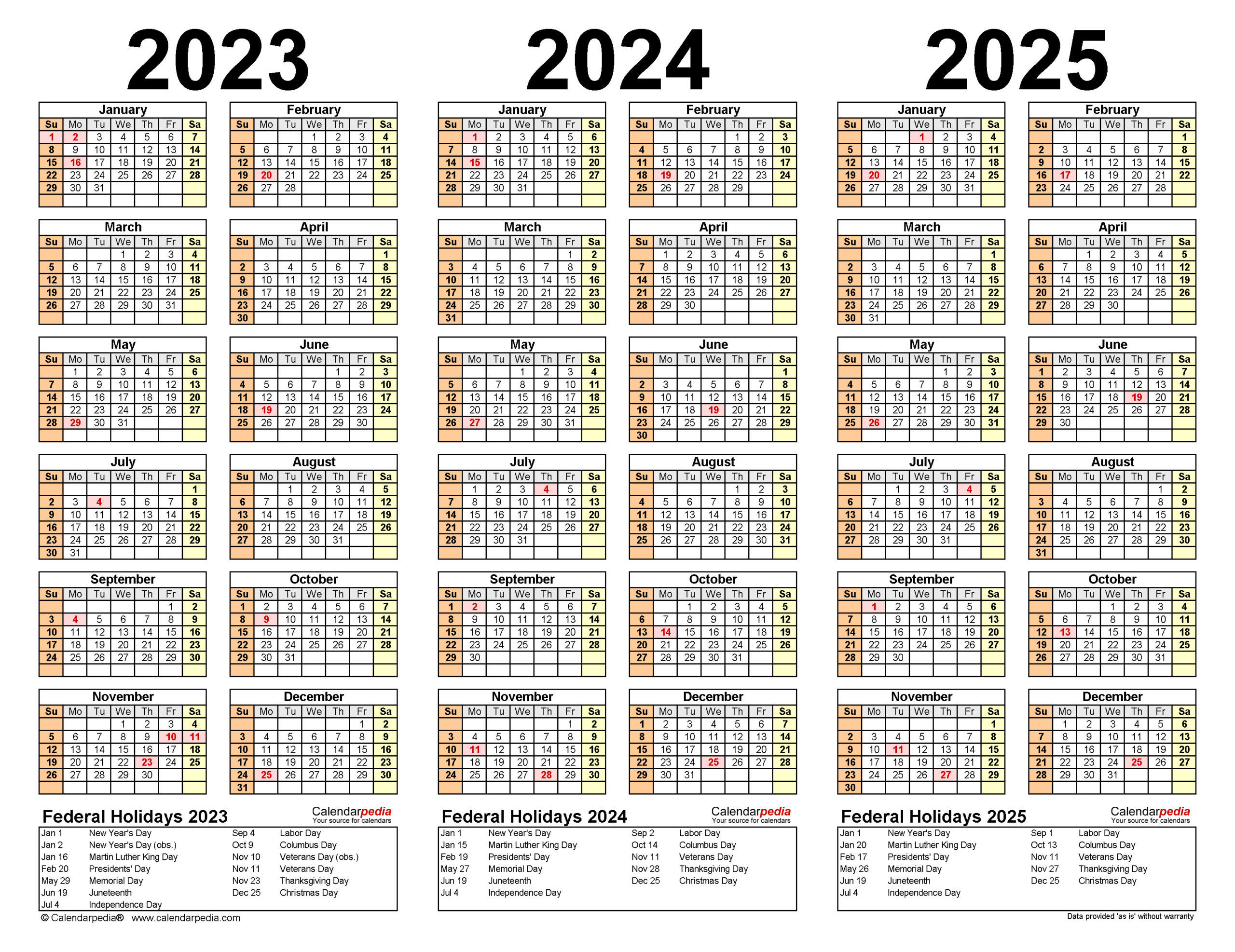2023 2025 Three Year Calendar Free Printable Excel Templates