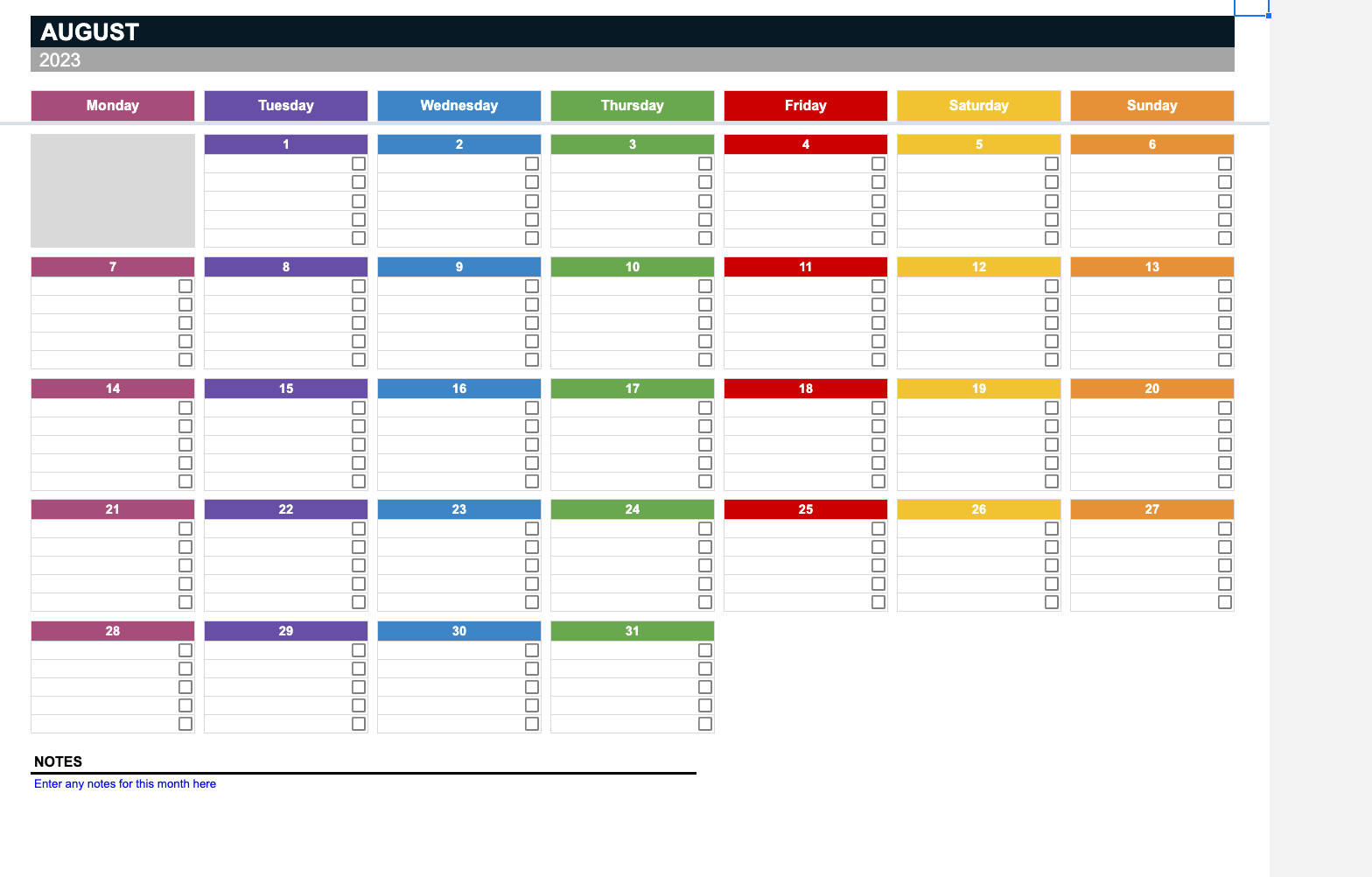 2023 Calendar Spreadsheet Template