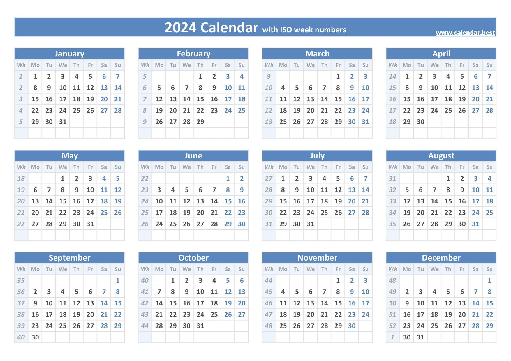 2024 Calendar With Week Numbers US And ISO Week Numbers