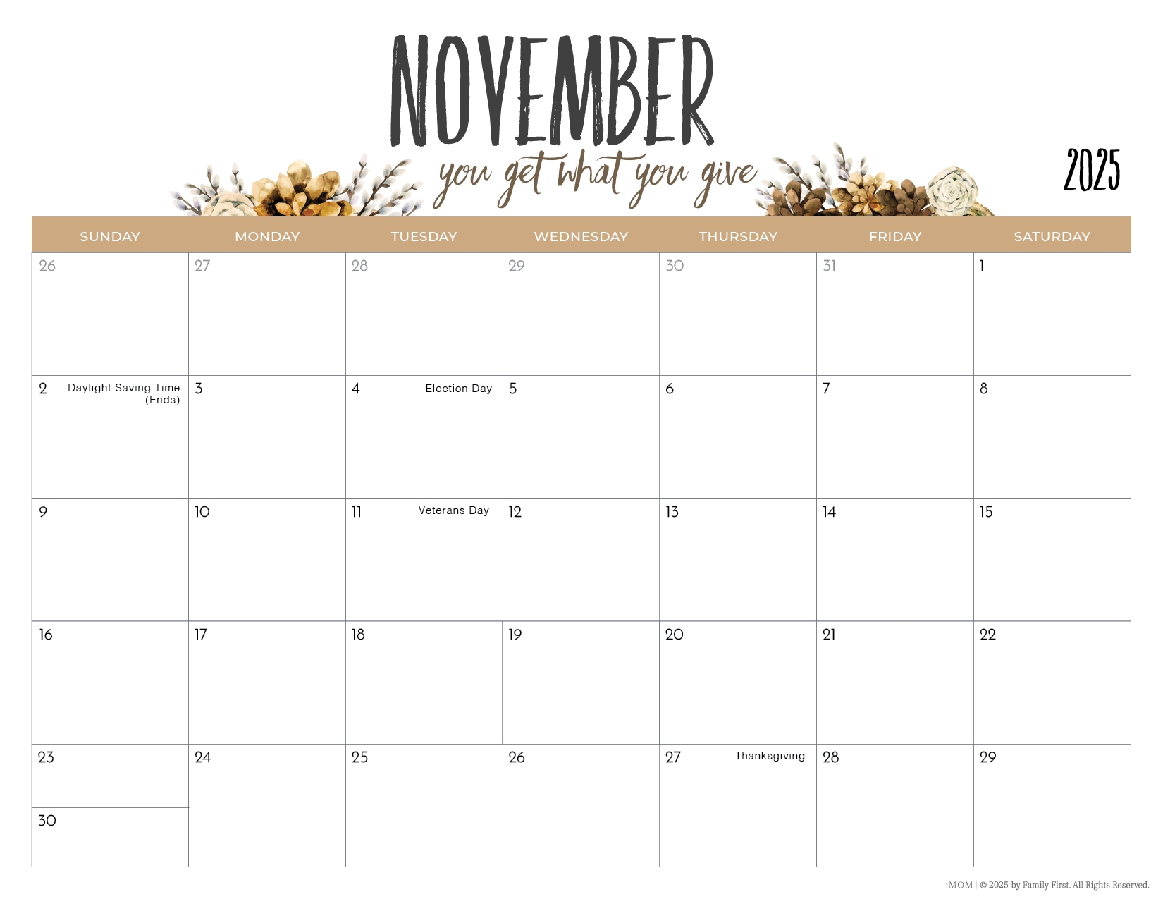 November 2025 Calendar With Holidays Printable
