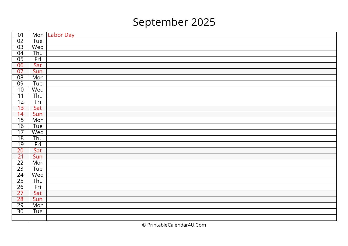 2025 September Calendars PrintableCalendar4U Com