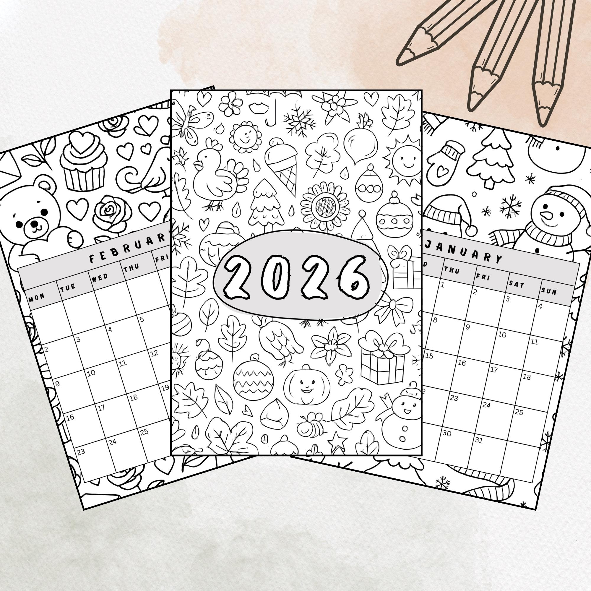 2026 Coloring Calendar Cartoon Pattern 12 month Planner digital Download Etsy