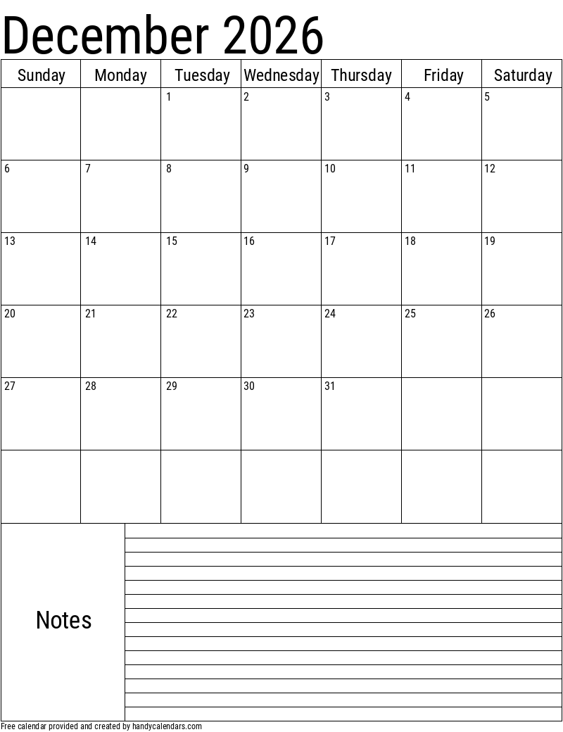 Free December 2026 Calendar Printable
