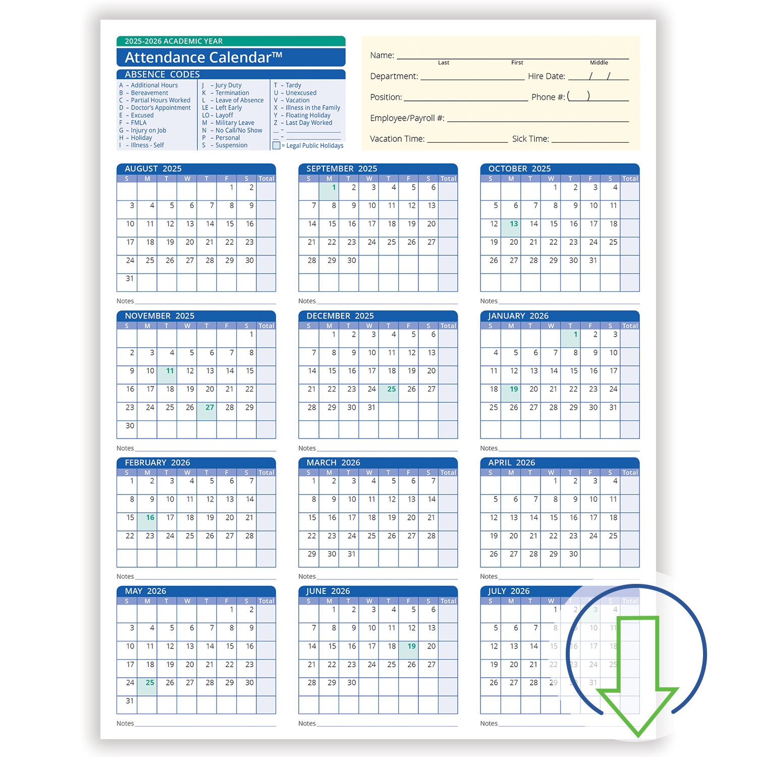 2026 Downloadable Academic Year Employee Attendance Calendar HRdirect