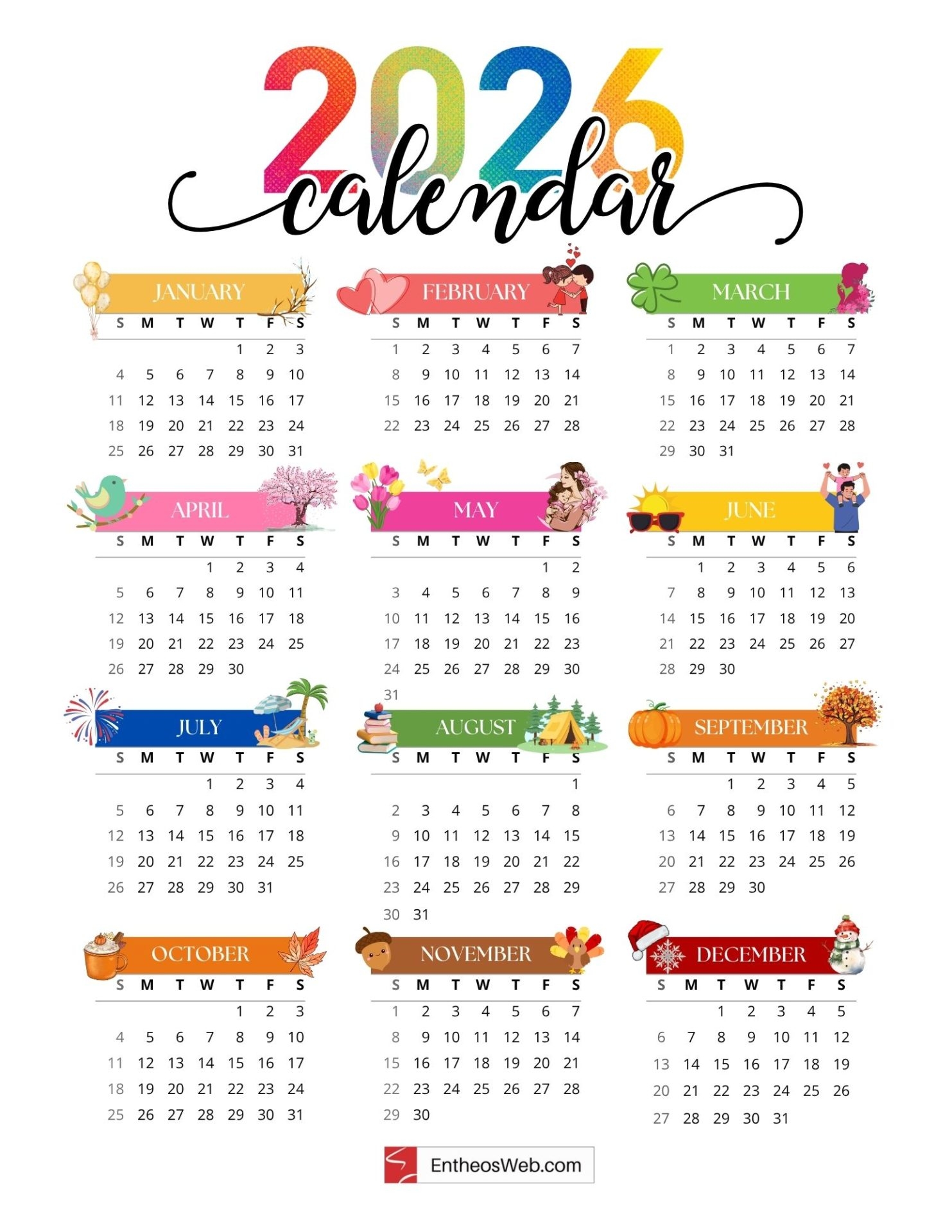 2026 Full Year Free Printable One Page Calendars EntheosWeb 2026 Full Year Free Printable One Page Calendars EntheosWeb